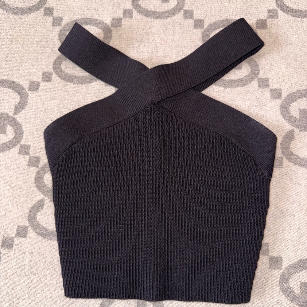 Babaton Sculpt Knit Black Cross-Front Crop Top - Picture 2 of 8